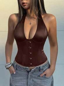 Satin Bustier Crop Top, Front Hook & Lace-Up Back Design, Underwire Waist Shaping, Suitable For Women To Wear During Christmas & Thanksgiving - 深棕色 - 查看 3