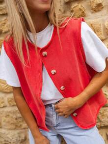 Women's Fashion Round Neck Sleeveless Vest, Polyester Material, Regular Length, Snap Button Detail, Medium Stretch, Suitable For Spring/Summer Casual Outings - Red - View 2
