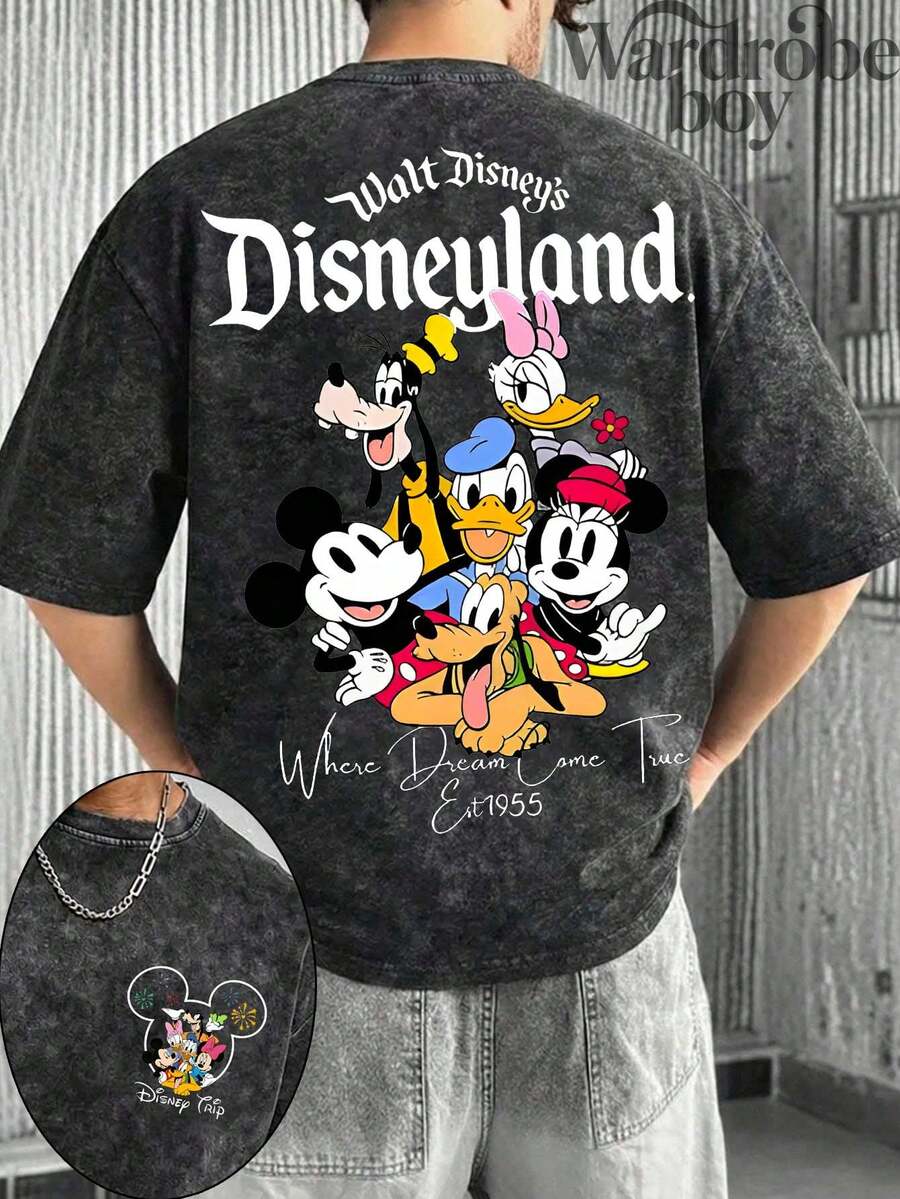 Disney Printed Wash Water T-Shirt,Men's Walt Disney Mickey And Friends Printed T-Shirt,Disney Travel T-Shirt,Unisex,High-Quality Pure Cotton T-Shirt,Suitable For All Seasons, Comfortable And Breathable| Exquisite Design | The Best Choice For Giving Gifts - 黑色 - 查看 1