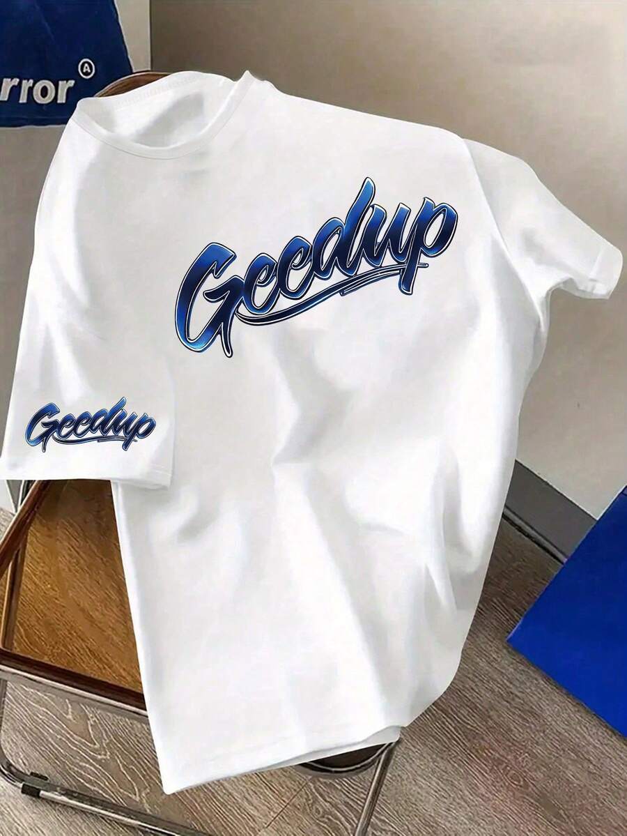 美式街头风 Geedup 字母印花T恤，白色宽松短袖，男士休闲T恤，春夏日常穿着，字母图案印花，白色上衣，男士衬衫 - 白色 - 查看 1
