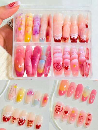 120Pcs/Box Sweet Pink Red Medium Almond Oval Press On Nails Lace Bow Heart Gradient French Design Acrylic Fake Nails Full Cover Wearable False Fingertip For Women