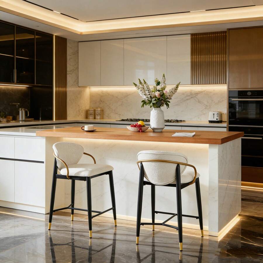 Barstools - Beige + Black + Gold + Fabric - View 1