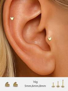 EleRunis 1PC 925 Sterling Silver Heart Push Pin Labret 6/8/10mm Flat Back Cartilage Helix Piercing Stud Fine Jewelry For Daily Wear Wedding Party Engagement Anniversary Valentine's Day - Gold - View 1