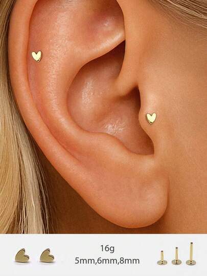 EleRunis 1PC 925 Sterling Silver Heart Push Pin Labret 6/8/10mm Flat Back Cartilage Helix Piercing Stud Fine Jewelry For Daily Wear Wedding Party Engagement Anniversary Valentine's Day