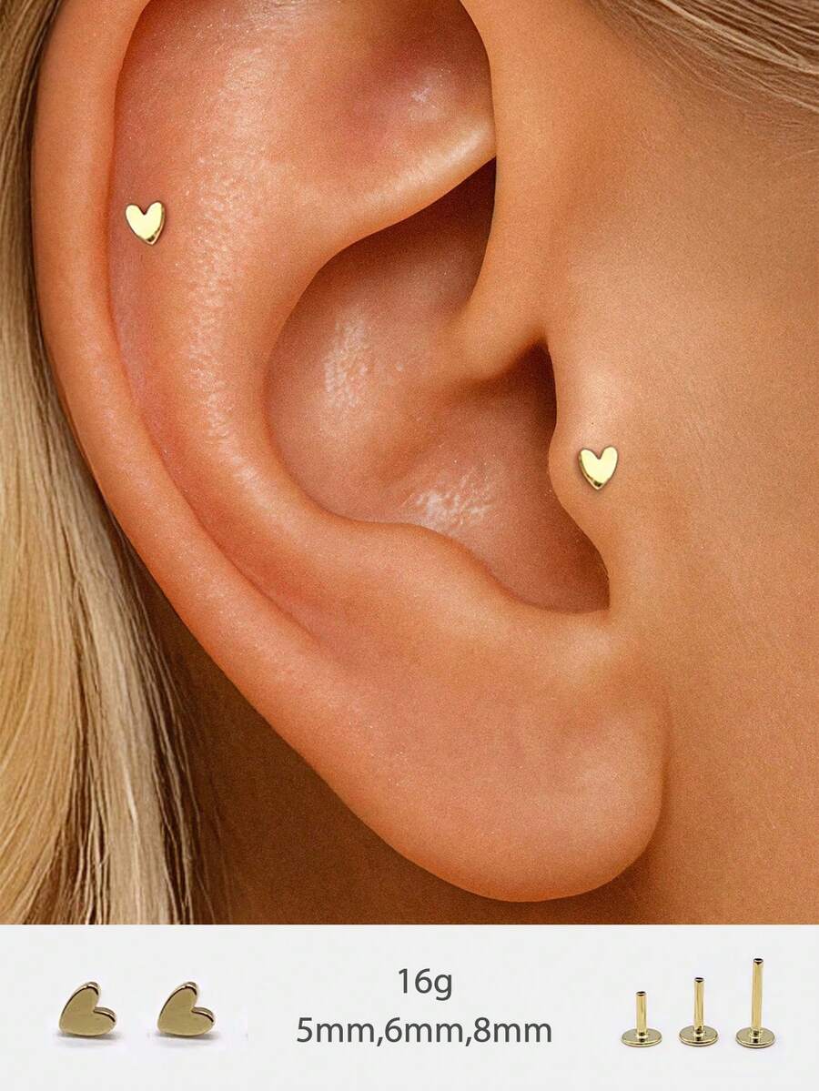 EleRunis 1PC 925 Sterling Silver Heart Push Pin Labret 6/8/10mm Flat Back Cartilage Helix Piercing Stud Fine Jewelry For Daily Wear Wedding Party Engagement Anniversary Valentine's Day - Gold - View 1