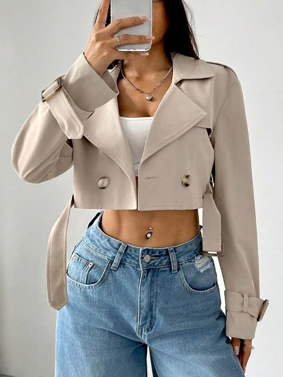 Chaqueta corta de solapa cruzada para mujer con cinturón, moderna e individual, adecuada para uso informal diario,para uso diario y casual en otoño/invierno.