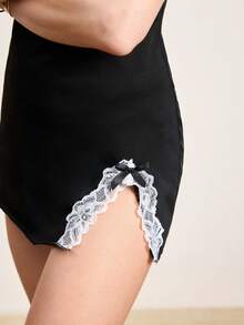 1入組蕾絲修飾蝴蝶結前開叉擺罩衣 - 黑色 - 查看 7