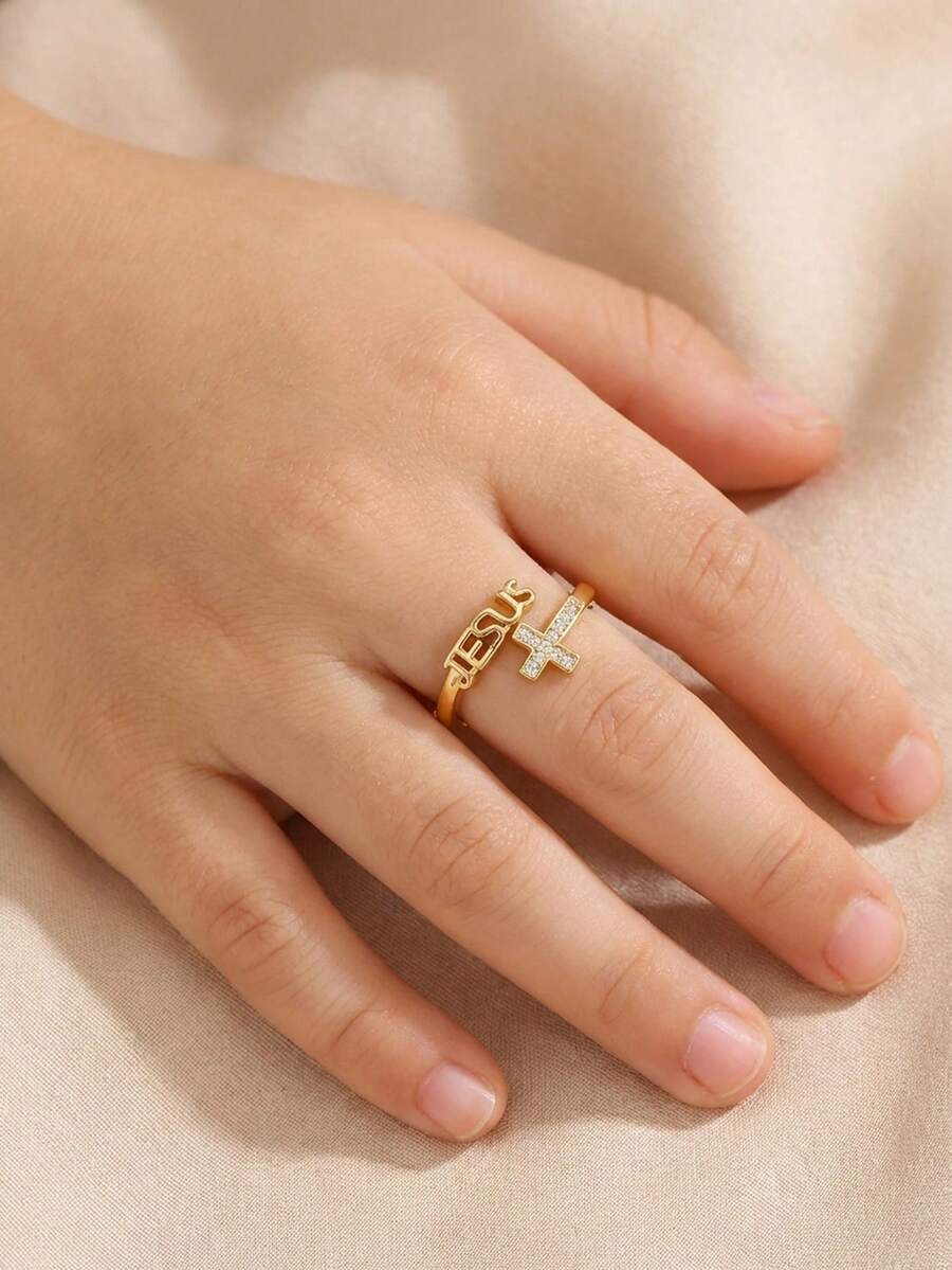 1pc Vintage Can Do All Things Jesus Cross Open Ring For Kids Religious Christian Jewelry For Protection Prayer Friend Gift - Multicolor - View 1