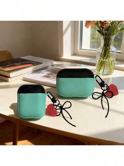 Macaron Color + Bow Heart Pendant Style Protective Case Compatible With Apple Bluetooth Earphones, Gift For Friends