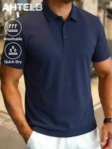 AHTELB Summer Polo Shirt Men Short Sleeve Silk-Like Polo Shirt High-Quality Collar T-Shirt, Gym Wear For Men, Men's T-Shirts, Men's Gifts, Men's Tops, Fishing Gifts For Men - Navy Blue - View 1