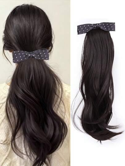 Synthetic Braided Wig For Women With Bows And Polka Dots, Ponytail With Clips, Natural And Fluffy, Adding Volume, Low Ponytail Wig, Claw Clips, Hair Slide