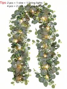 2/4件装银元桉树叶花环，带LED灯，人造桉树叶桌旗，仿真绿植藤蔓，适用于家居装饰、房间、教室、卧室、婚礼、新娘送礼会、派对、婴儿派对、露台、情人节、礼物 - 綠色 - 查看 2