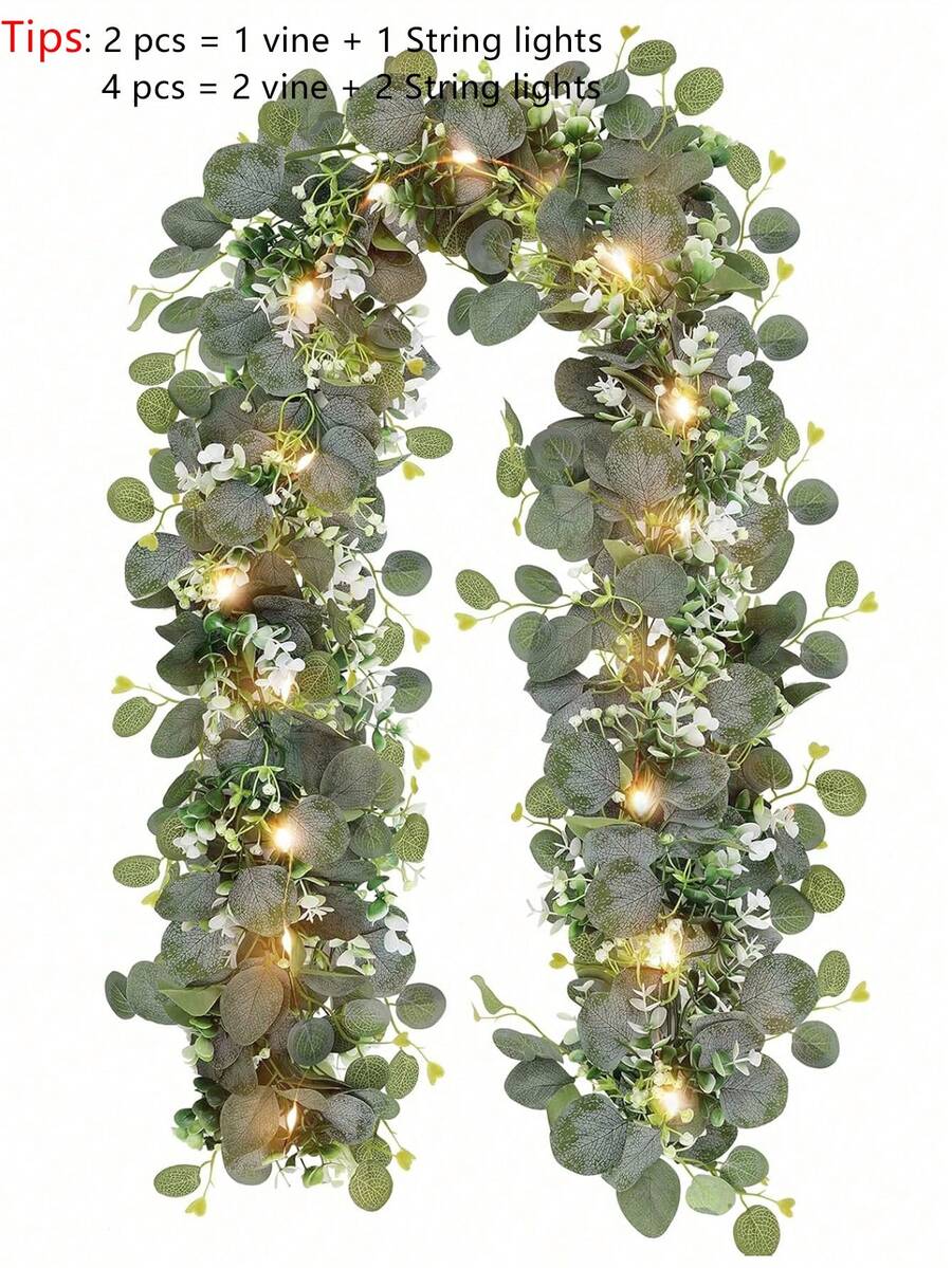 2/4件装银元桉树叶花环，带LED灯，人造桉树叶桌旗，仿真绿植藤蔓，适用于家居装饰、房间、教室、卧室、婚礼、新娘送礼会、派对、婴儿派对、露台、情人节、礼物