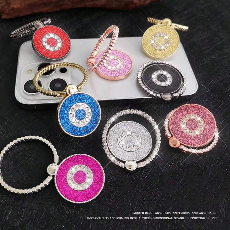 1pc Glitter Rhinestone Ring Phone Holder, Convenient TV/Video Watching Stand, Sturdy Adhesive Grip, Anti-Drop Phone Grip Holder - Multicolor - View 1