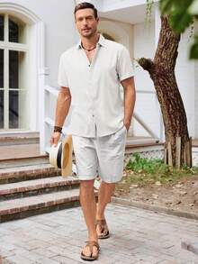 Mens Short Sleeve Linen Shirts Button Down Casual Summer Beach Tops For Daily Commute - trắng - Xem 4