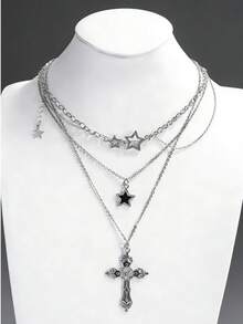 3pcs/Set Vintage Gothic Style Statement Star Charm Chunky Chain Necklace Set For Women, Punk Style - Silver - View 1