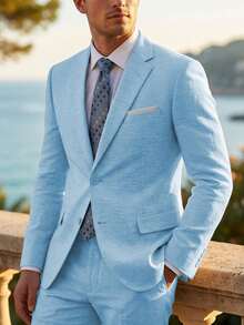 2pcs Men's 2 Piece Light Blue Linen Suits For Men Slim Fit Casual Beach Wedding Summer Grooms Groomsmen Linen Blazer Pants Suit - 淺藍色 - 查看 8