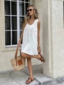 Vestido de verano sin mangas de encaje bordado blanco casual bohemio para mujer Vuslat, adecuado para vacaciones en la playa, vacaciones de verano, Día de San Valentín, Carnaval, salidas de primavera - Blanco - Ver 5