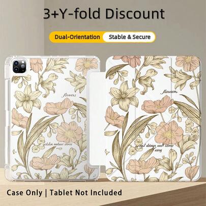 1pc 3+Y-Fold Tablet Case, Floral Pattern, Multiple Support Methods, Compatible With Huawei MatePad SE 11", MatePad 11 Inch, MatePad Pro 12.2 2024, Honor Pad X9A 2025, Honor Pad 9, Honor Pad X9 Pro 2025, Pad 6, Pad SE 11", Pad 2 Pro 12", Pad 2 11", Galaxy