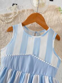 Vestido sin mangas con rayas para niñas jóvenes, con adorno de perlas en el pecho y lazo en la espalda, falda con volantes, estilo de princesa fresca, para primavera/verano - Azul - Ver 3