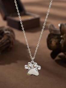 1件装流行女士时尚可爱休闲狗狗爪印吊坠项链，婚礼订婚派对珠宝礼物 - 銀色 - 查看 3