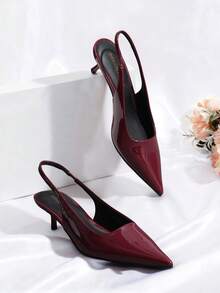 Elegant Low-Heel Slingback Pumps Pointed-Toe Kitten Heels For Women Wedding & Party Dress Shoes - 酒紅色 - 查看 1