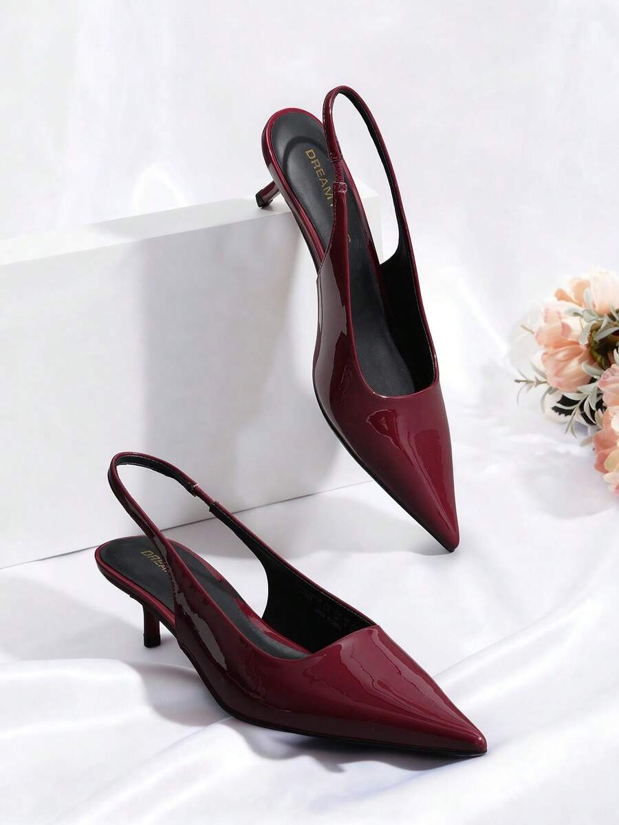 Elegant Low-Heel Slingback Pumps Pointed-Toe Kitten Heels For Women Wedding & Party Dress Shoes - 酒紅色 - 查看 1