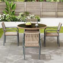 Modern Rattan Garden Furniture Set, Including A Round Glass Table And Four Armchairs, With An Iron Frame. Ideal For A Terrace, Balcony Or Patio. - Grey - View 2