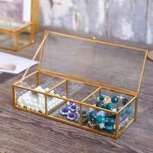 1个金色首饰收纳盒 | 茶包盒 | 玻璃茶包盒 | 贝壳展示收纳盒 | 化妆品收纳盒 | 首饰、戒指、耳环罐装容器，送给女孩/女士的礼物，化妆间装饰，房间装饰 - 金色 - 查看 4