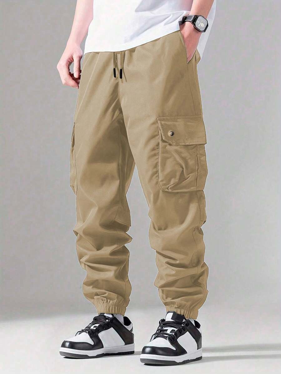 Shendy Vendy Pantalones Jogger Con Puños Y Cintura Elástica Con Cordón Y Bolsillos Inclinados Sueltos Para Hombre - Café integral - Ver 1