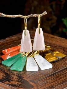 Geometric Natural Stone Earrings, Fashionable Trapezoid Shaped Rose Quartz, Green Aventurine & Tiger's Eye Dangle Earrings, Gold-Plated Elegant Jewelry - Multicolor - View 4