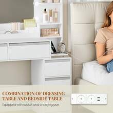 HEXCELEN 135 Cm Dressing Table With Mirror, Vanity Desk With 10 LED Lights, Adjustable 3-Colour LED Lights, Makeup Desk With Plug, Hairdryer Holder, 8 Drawers, Open Storage Spaces, Modern White-Silver - White - View 2