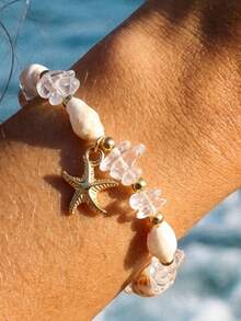 1 pieza Pulsera bohemia transparente con cuentas, con forma de estrella de mar y concha, adecuada para uso en la calle, fiestas, playa y uso diario de mujeres - transparente - Ver 1
