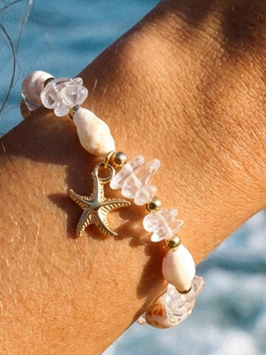 1 pieza Pulsera bohemia transparente con cuentas, con forma de estrella de mar y concha, adecuada para uso en la calle, fiestas, playa y uso diario de mujeres - transparente - Ver 1