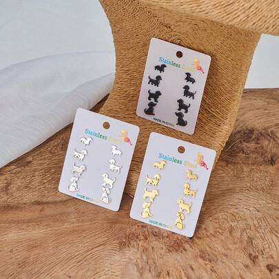 4 Pairs / Sets Cute Pet Dog Animal Stud Earrings For Ladies. Stainless Steel Earrings. Original And Fashionable Jewelry Gifts.