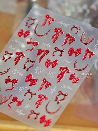 1pc 3D Cute Laser Red Polka Dot Bow Lace High-Quality Elegant Nail Sticker Art Decoration Design
