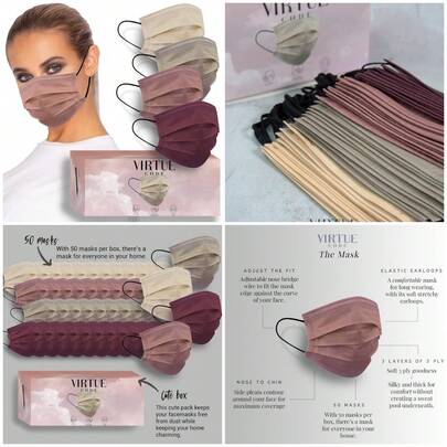 50 mascarillas desechables para hombres y mujeres, con cintas elásticas para las orejas, color rosa, beige, crema y borgoña