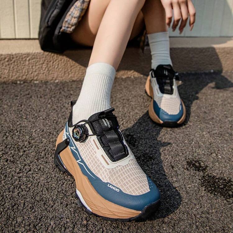 Men's Rotary Buckle Outdoor Couple Shoes, Lace-Up Breathable Mesh Casual Sports Shoes, Suitable For Hiking - Lime Blue - View 6