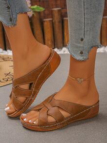 大码 36-45 码夏季时尚休闲露趾厚底凉鞋，粉色哑光、黑色、蓝色、棕色、金色罗马风格，轻便舒适的坡跟凉鞋，女士款 - 褐色磨砂 - 查看 5