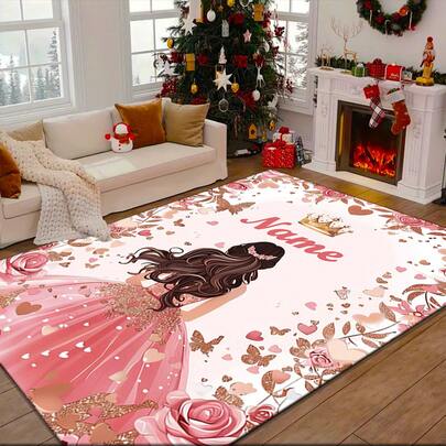 Personalized Pink Princess Carpet - Custom Name Room Rug With Non-Slip Backing, Large Floor For Bedroom, Birthday/Christmas/Halloween Gifts, Pink & Name Plate Design ( Age/Name) - Soft Durable Floor Rug