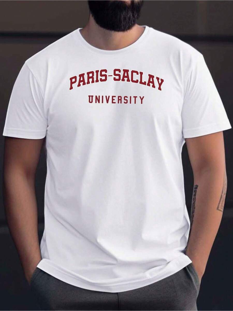 Men Big Tall Paris Saclay University T-Shirt College Graphic Print Short Sleeve Round Neck Casual Summer Te For Daily Wear University Apparel For Men - 白色 - 查看 1