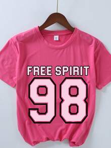 Bộ đồ hè thường ngày 2 món cho bé gái tuổi teen, áo thun ngắn tay và quần legging in số thời trang, phù hợp cho mùa xuân/hè, đi học, dã ngoại/ở nhà/du lịch. - Màu Hồng Tươi - Xem 3