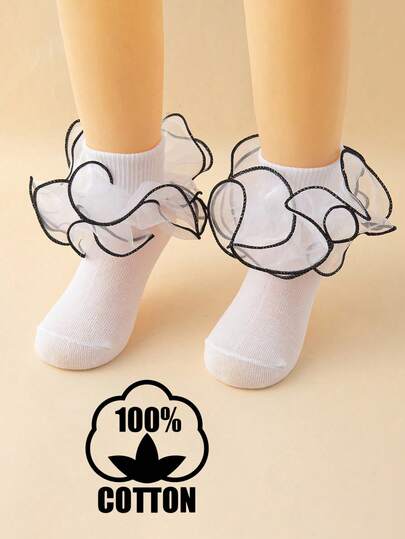 1 Pair Cotton Girls' Classic Black & White Lace Dance Socks, Elegant Princess Style Short Socks For Party Outfit