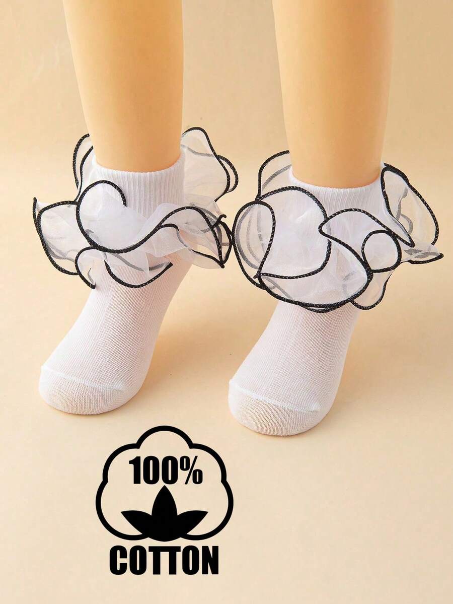1 đôi tất cotton cho bé gái màu đen trắng cổ điển, kiểu dáng công chúa thanh lịch, ngắn, thích hợp cho trang phục dự tiệc. - Đen và trắng - Xem 1