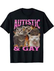 Autistic And Gay Funny Cat Meme Bootleg Graphic Graphic Print TeeUnisex Cotton Casual T-Shirt For Men Women - 黑色 - 查看 1