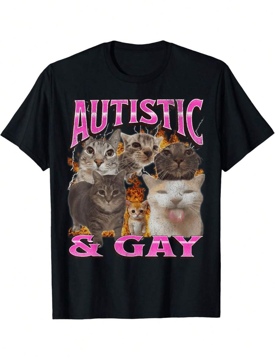 Autistic And Gay Funny Cat Meme Bootleg Graphic Graphic Print TeeUnisex Cotton Casual T-Shirt For Men Women - 黑色 - 查看 1