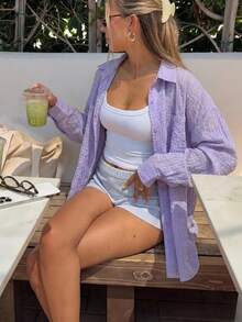 1件女士轻薄透明紫色长袖休闲度假风防晒衬衫，夏季 - 紫色 - 查看 4