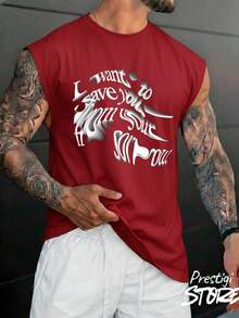 Men's Tank Top To Save You 100% Cotton Crew Neck Comfortable Streetwear Casual Summer Breathable Gym Fitness - 紫紅色 - 查看 1