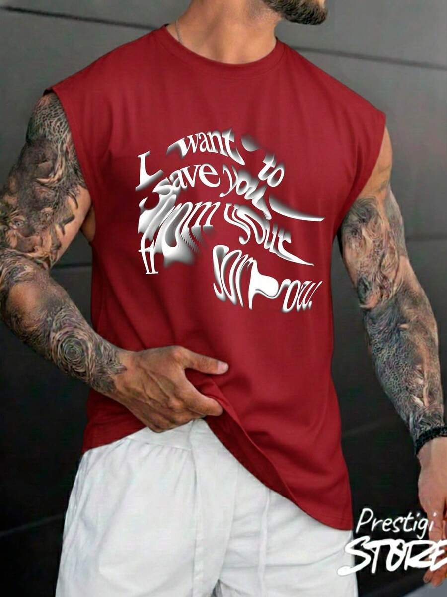 Men's Tank Top To Save You 100% Cotton Crew Neck Comfortable Streetwear Casual Summer Breathable Gym Fitness - 紫紅色 - 查看 1