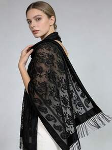 1pc Black Elegant Velvet Fashion Versatile Unique Charming Long Tassel Shawl Scarf, Suitable For Evening Party - Black - View 13